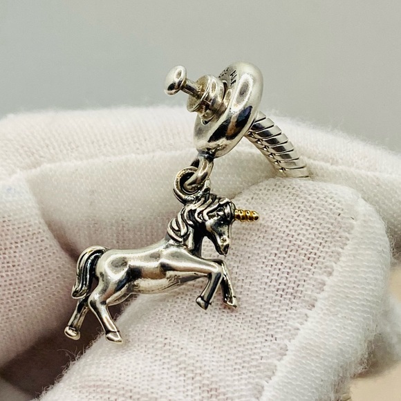EUC Pandora 791200 Sterling Silver & 14K Gold Unicorn Fantasy Animal Dangle Bead - Picture 6 of 11